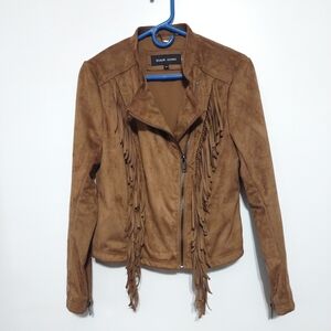 Women's Black Rivet Faux Leather Western Fringed Jacket Long Sleeves Size M